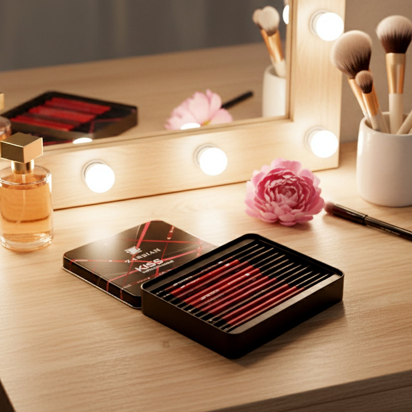 Set of 12 Wukusy matte lipstick pencils arranged in a row, showcasing vibrant shades and sleek packaging.