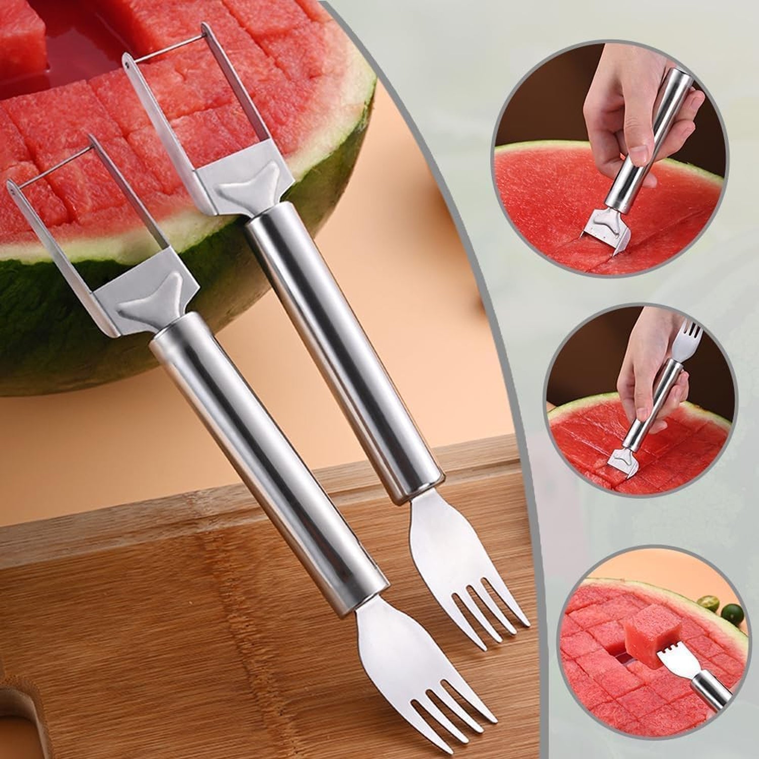 Wukusy stainless steel 2-in-1 watermelon slicer and cutter with fork, displayed on a cutting board with watermelon pieces