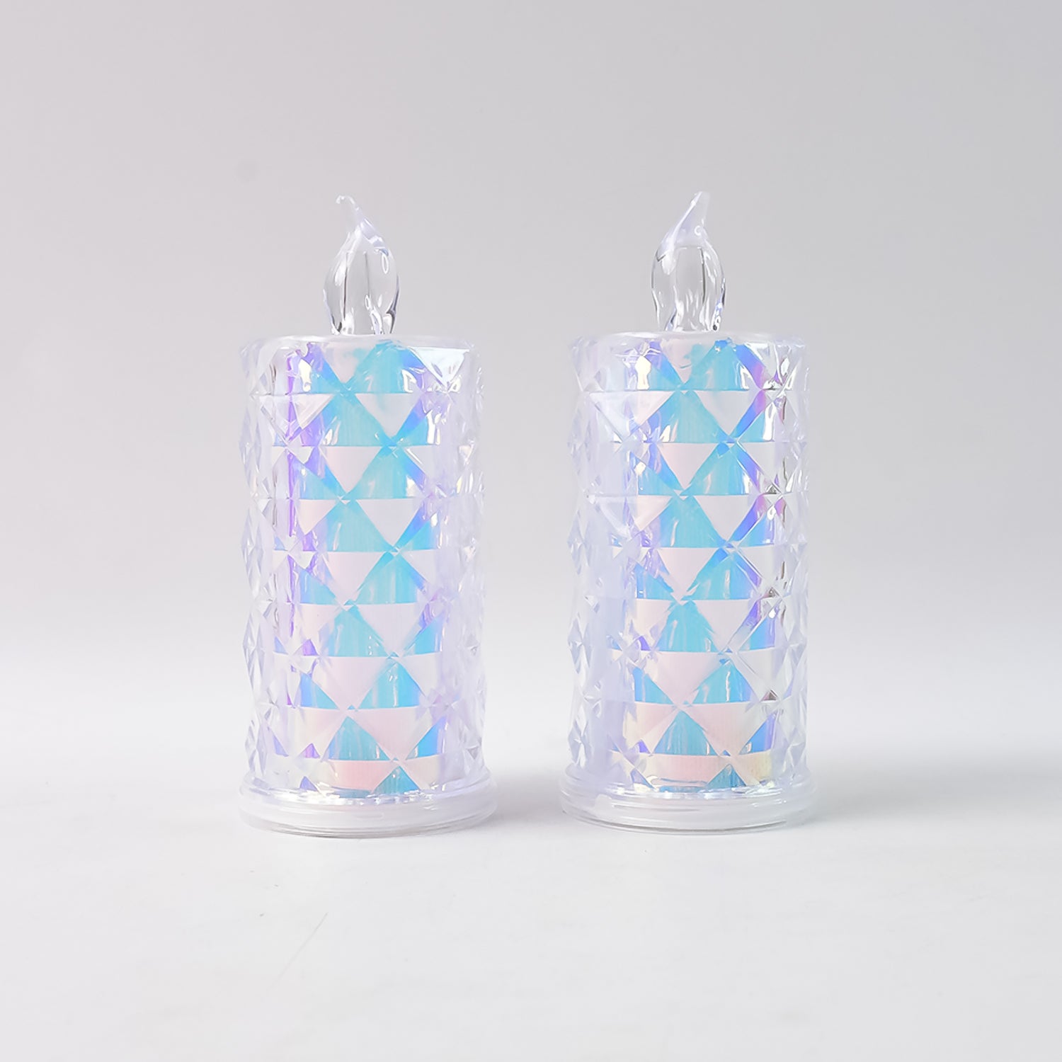 Set of two Wukusy decorative LED candle lights with holographic finish, ideal for home decor ambiance.
