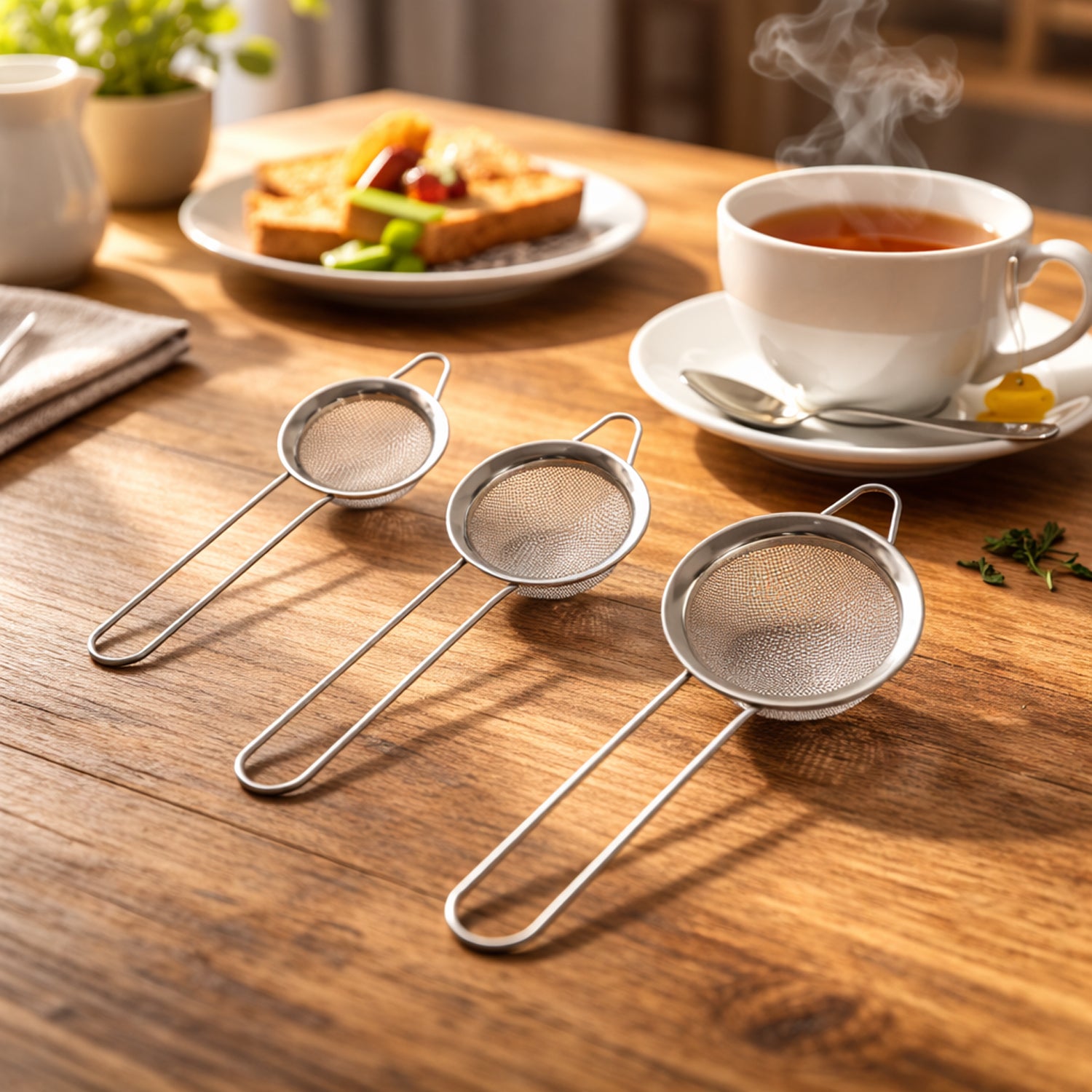 Wukusy stainless steel tea strainer 3-piece set with fine mesh and handles for easy steeping and filtering tea leaves.