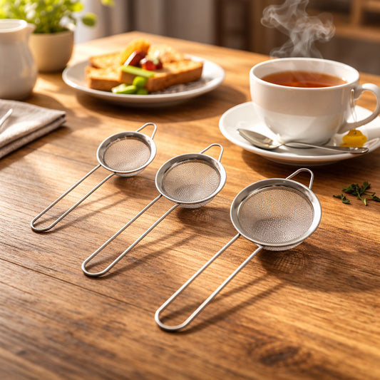 Wukusy stainless steel tea strainer 3-piece set with fine mesh and handles for easy steeping and filtering tea leaves.