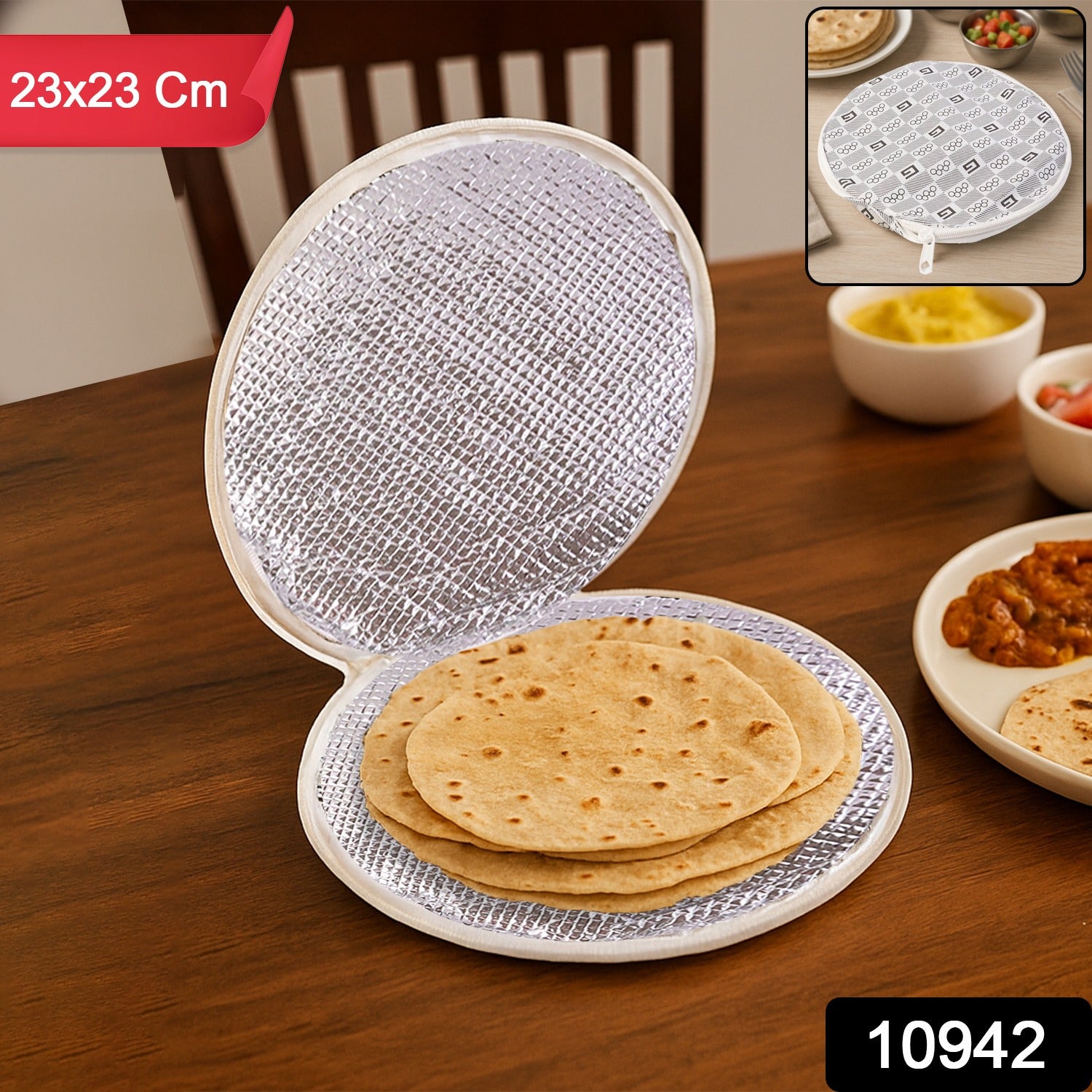 Wukusy insulated roti cover measuring 23x23 cm, designed to keep roti warm and fresh in a compact, lightweight design.