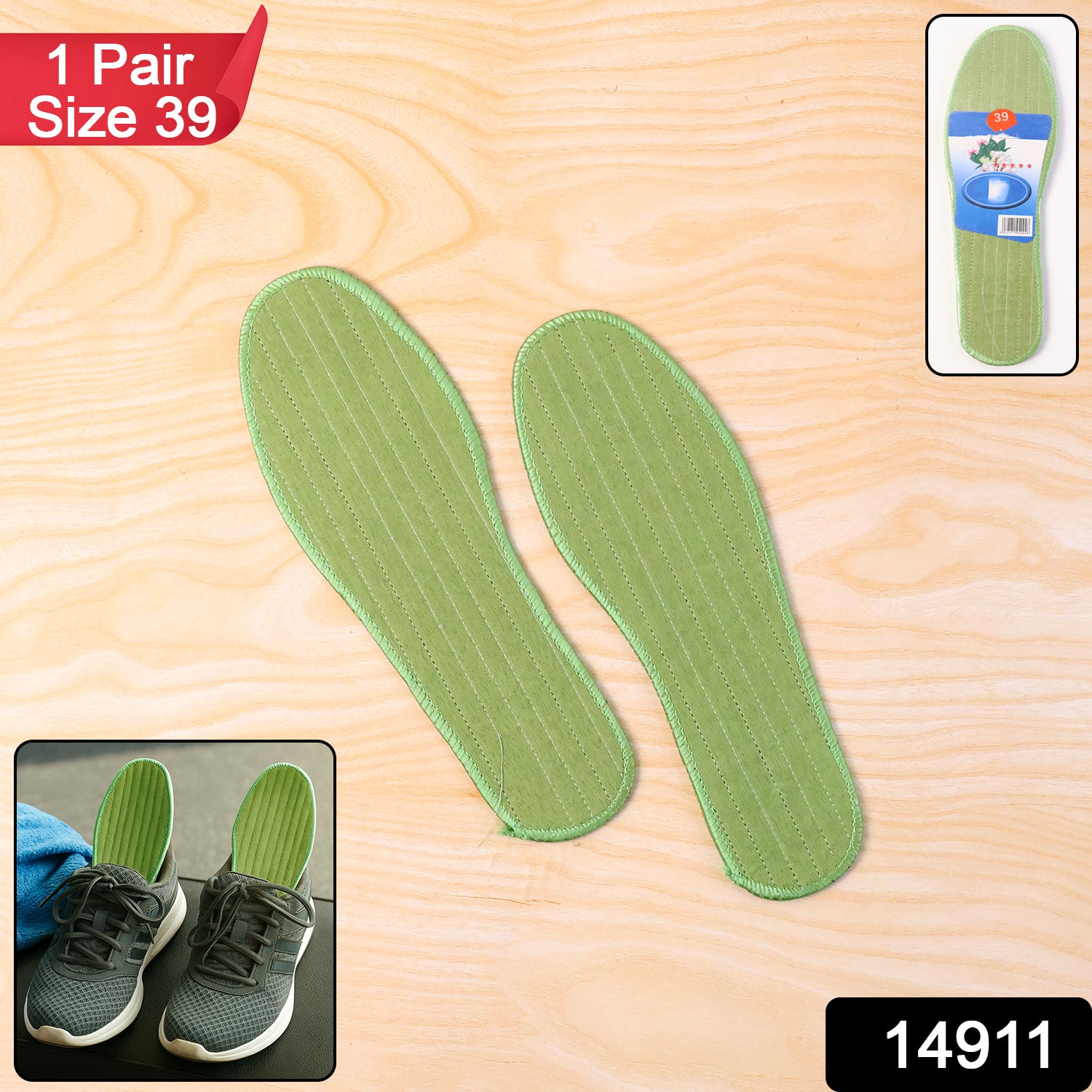 Pair of Wukusy premium comfort shoe insoles for size 39, designed for daily foot support, with a mix of stylish patterns.