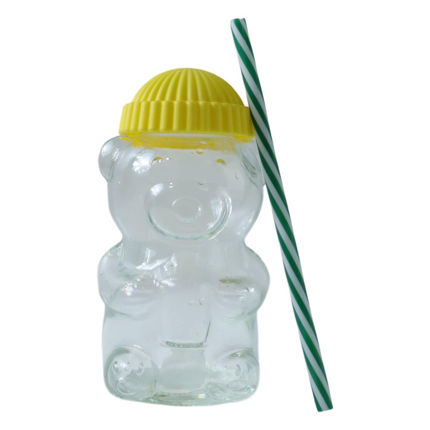 Cute glass bear-shaped kids drinking cup with straw, 350ml, by Wukusy, featuring a clear bear design and colorful straw.