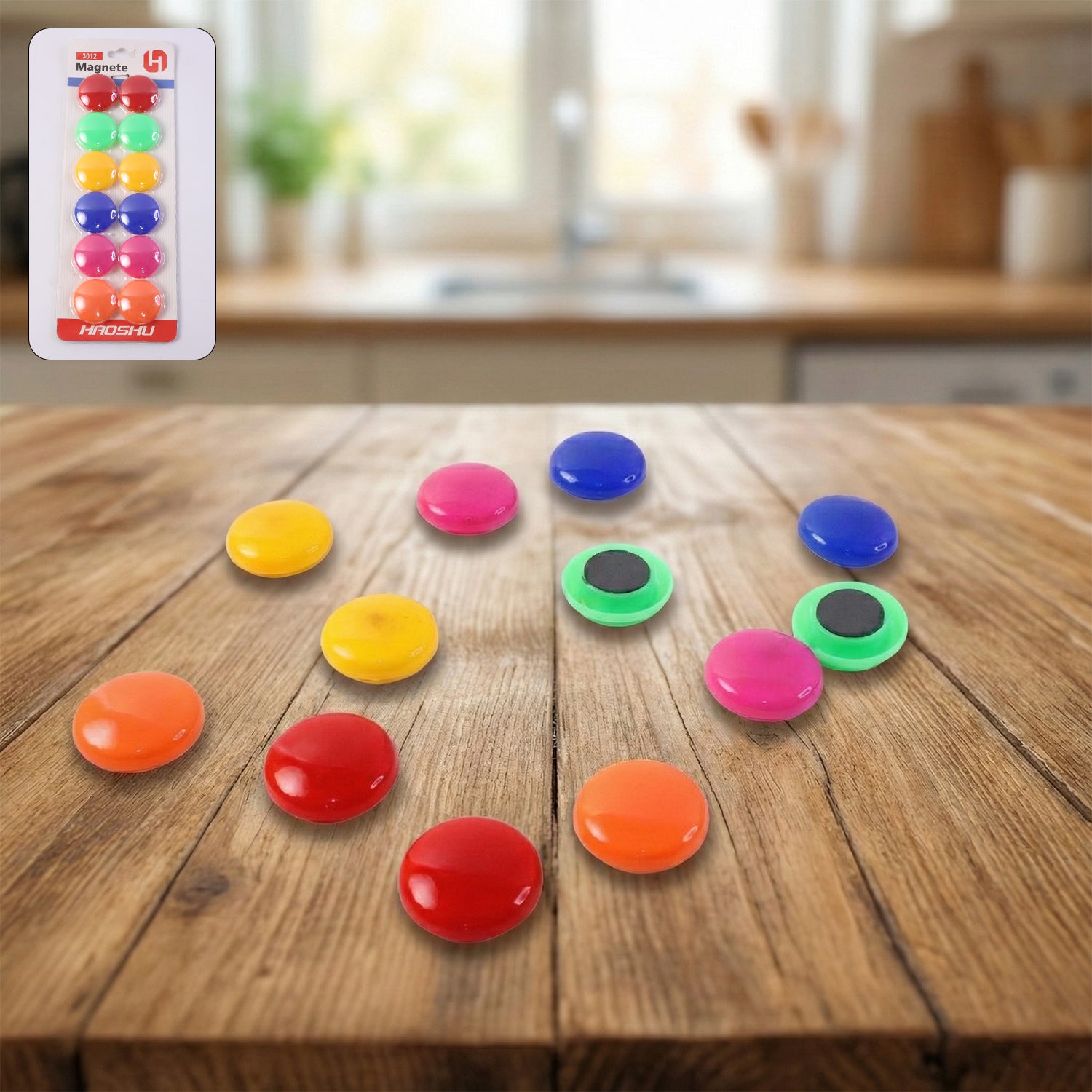 Set of 12 colorful round refrigerator magnets from Wukusy, showcasing vibrant designs on a metallic surface.