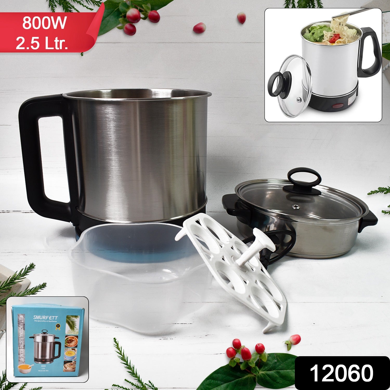 Stainless steel Wukusy soup pot with lid and 2.5L capacity, suitable for multi-cooker and kettle functions, 800W power.
