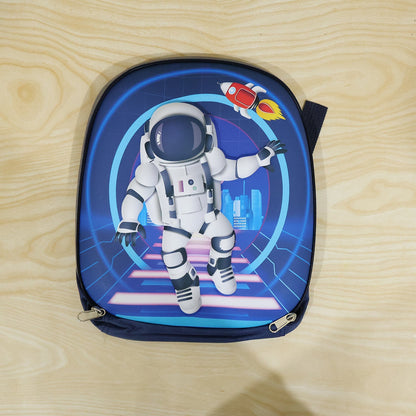 Kids school backpack sling with astronaut print, hard shell design by Wukusy, ideal for young students and outdoor adventures.