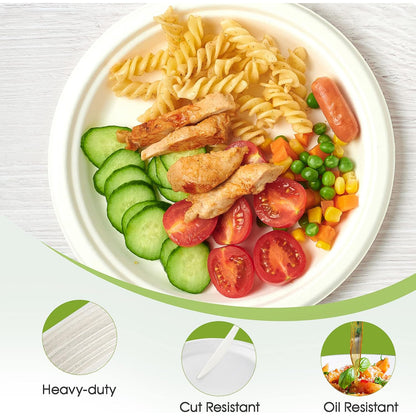 Wukusy Freshee 9-inch compostable bagasse plate, set of 10, eco-friendly disposable dinnerware for home and kitchen use.