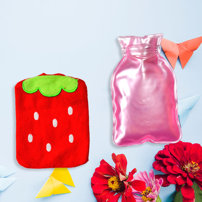 Wukusy 6516 Strawberry hot water bag with cover for pain relief, neck, shoulder, hand, feet warmth, and menstrual cramps.
