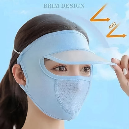 Wukusy women's full face UV protection cap with built-in mask, wide brim visor, and breathable fabric, shown from front perspective.