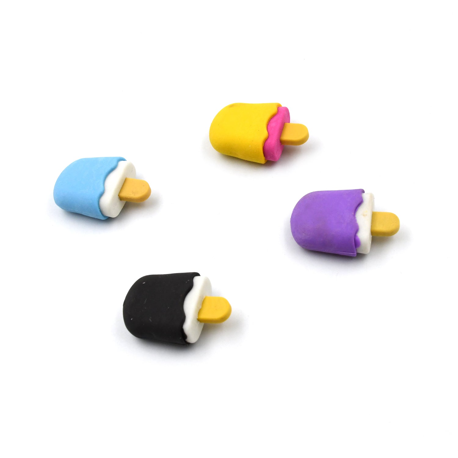Set of four Wukusy ice cream-themed erasers featuring doughnut, lollipop, and ice cream shapes for kids' school stationery.