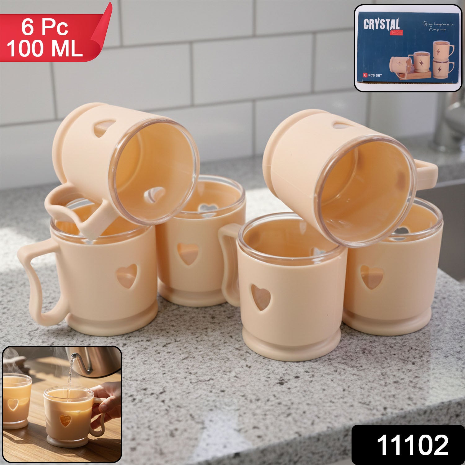 Set of six Wukusy mini tea and coffee mugs with elegant heart designs, 100ml capacity, showcasing delicate detail and stylish shape.