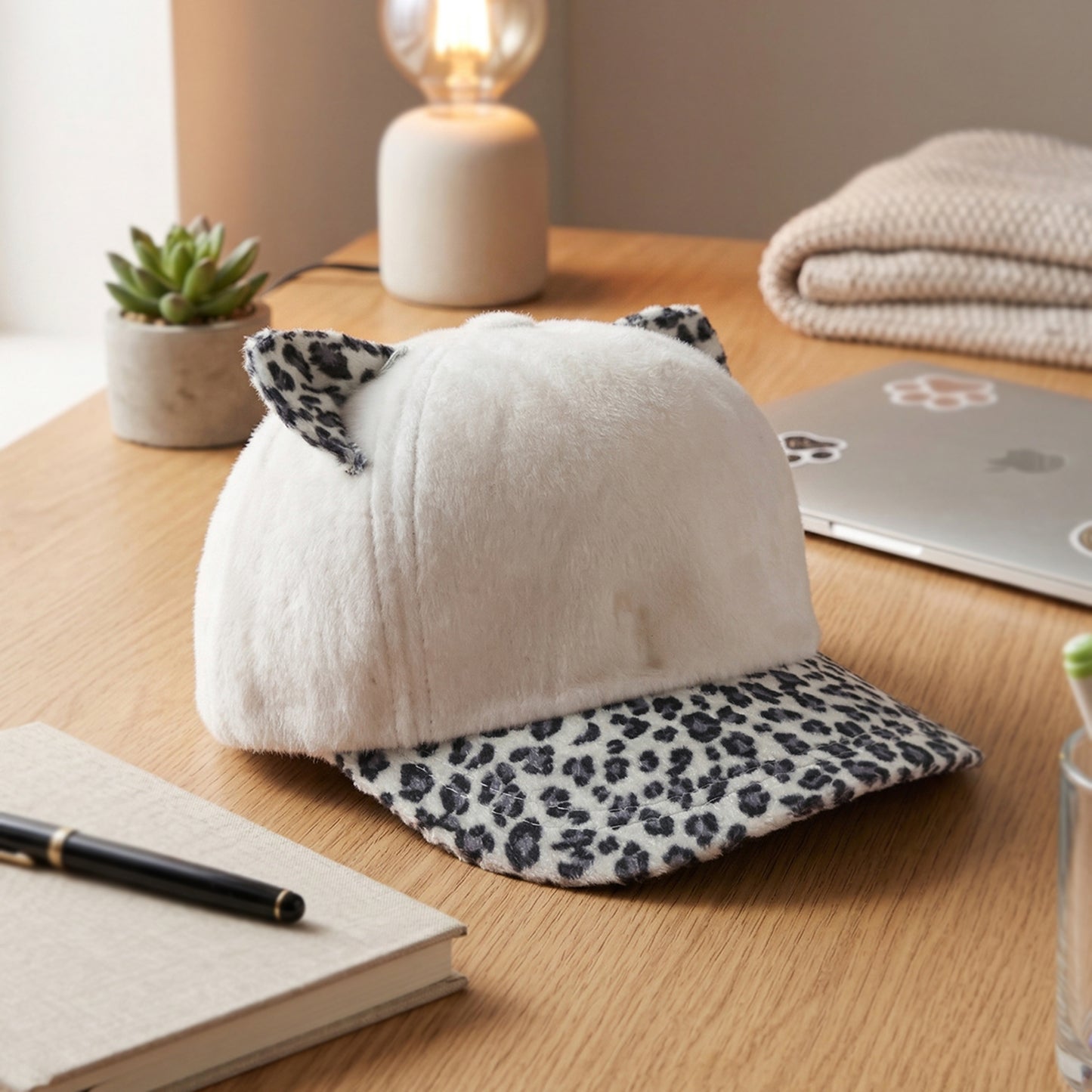 Wukusy stylish women's cat ear designer cap with playful ear details, perfect for girls and women, front view image.