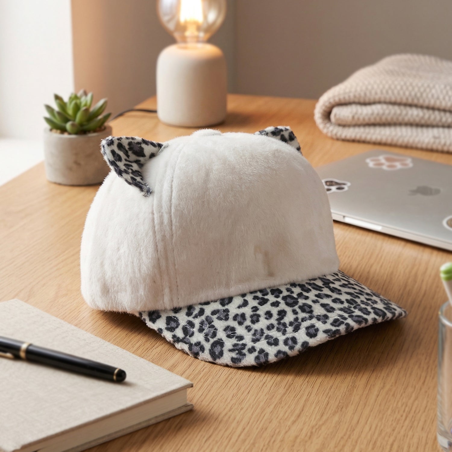 Wukusy stylish women's cat ear designer cap with playful ear details, perfect for girls and women, front view image.