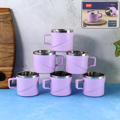 Set of six Wukusy Apex Sturdy Tea and Coffee Cups with handles, white ceramic, ideal for hot beverages, arranged on a table.