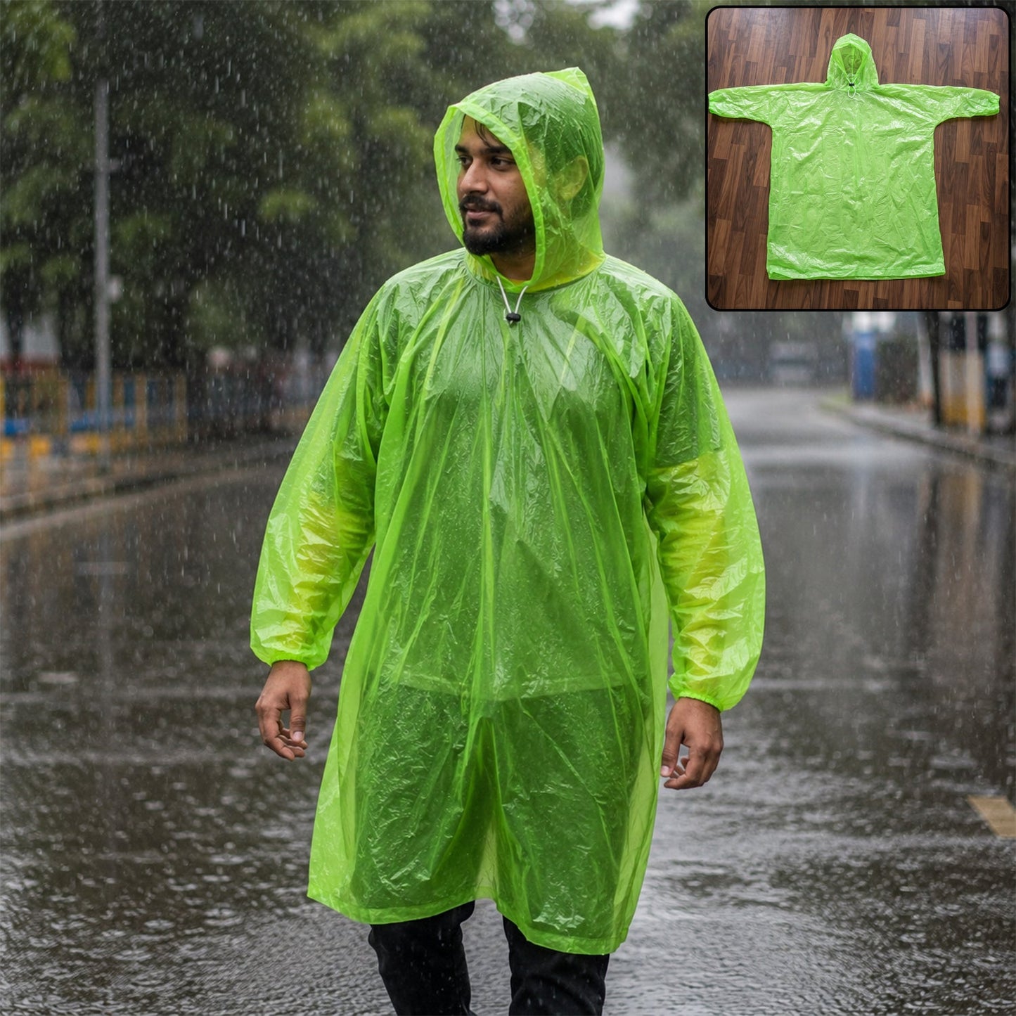 Wukusy waterproof hooded rain poncho for men and women, long design, reusable and weather-resistant, shown draped on a model outdoors.