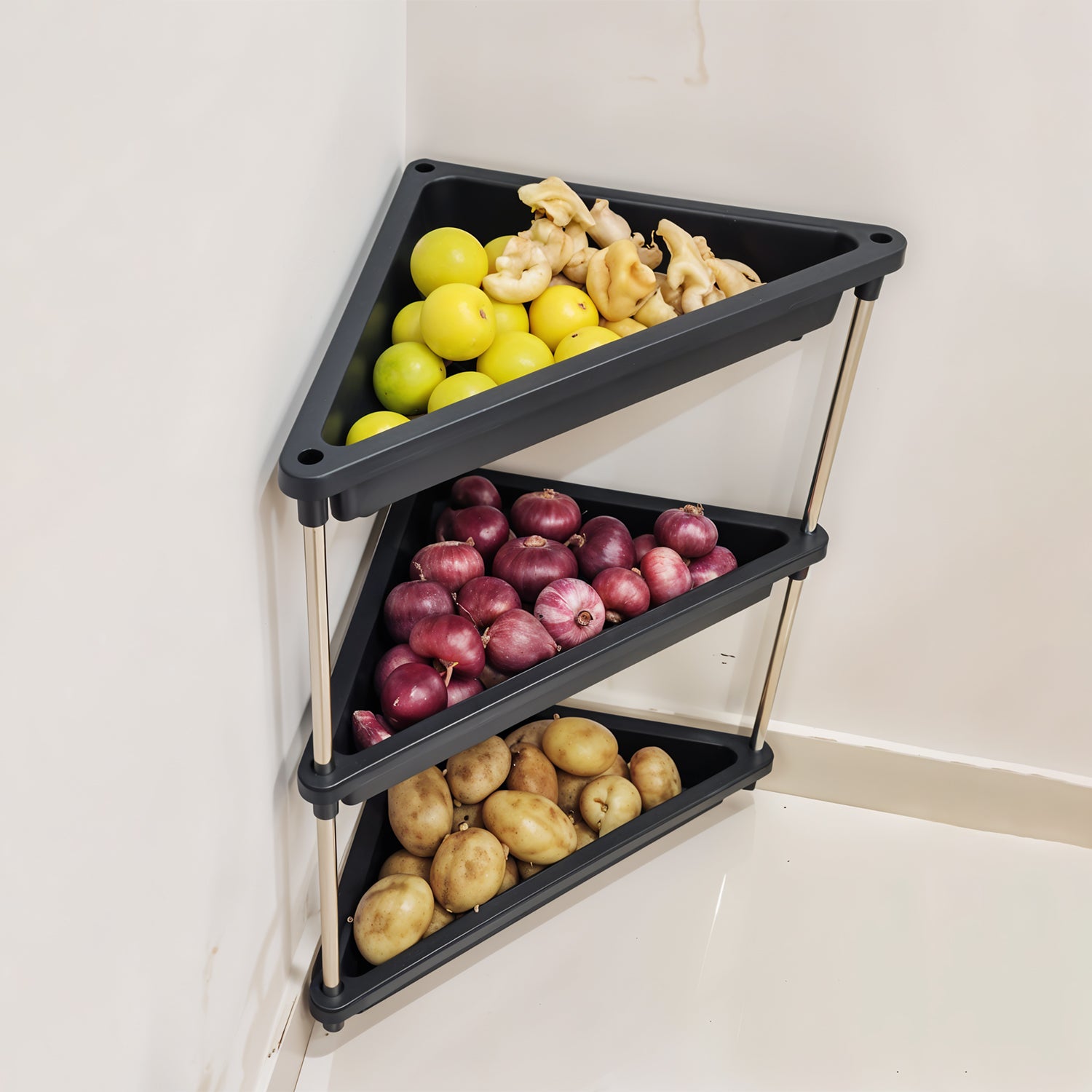 Wukusy 3-layer plastic corner storage rack for home and kitchen, featuring multiple shelves for organization in corners.
