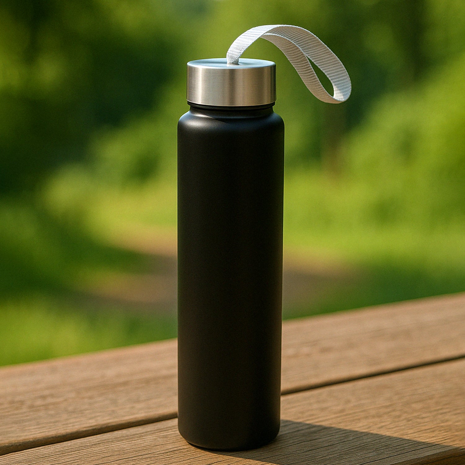 Portable stainless steel water bottle with strap by Wukusy, 250ml, featuring a sleek design and convenient carrying strap.
