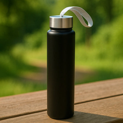 Portable stainless steel water bottle with strap by Wukusy, 250ml, featuring a sleek design and convenient carrying strap.
