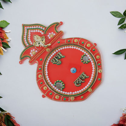 Decorative Kalash wall hanging with Shubh Labh design, vibrant home decor piece by Wukusy for positive home energy