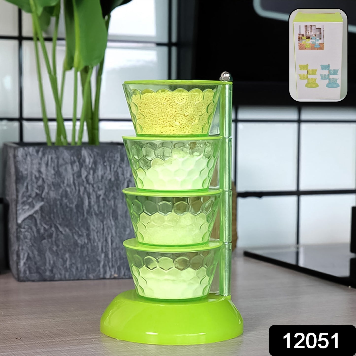Wukusy 4-section rotating plastic spice rack with four layers, pickle tower design, and four plastic spoons for seasoning storage.