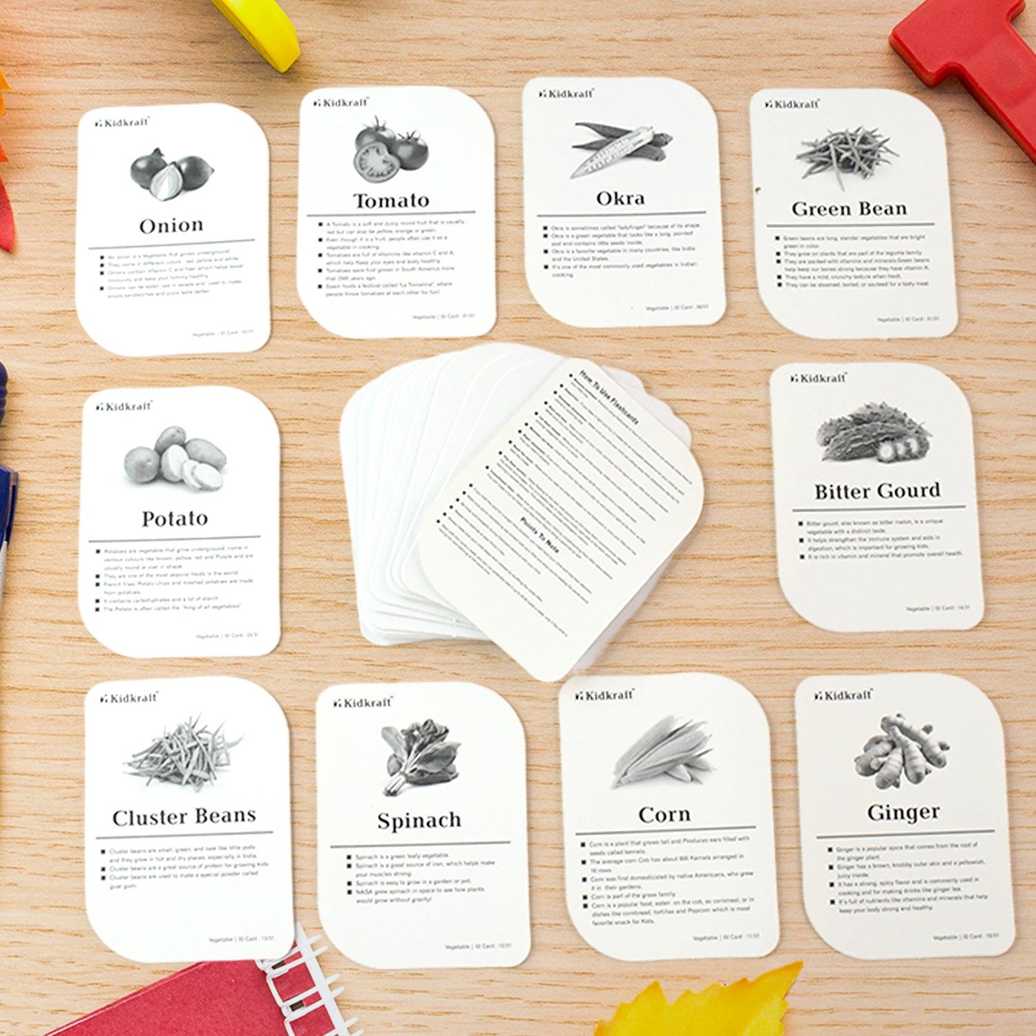 Wukusy Kidkraft 32-piece educational vegetable flash cards set for kids, featuring colorful vegetable illustrations and labels.