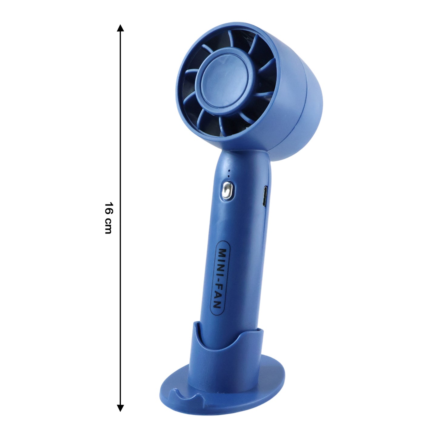 Wukusy rechargeable mini handheld fan with blue casing, compact design, and foldable handle for portable cooling.