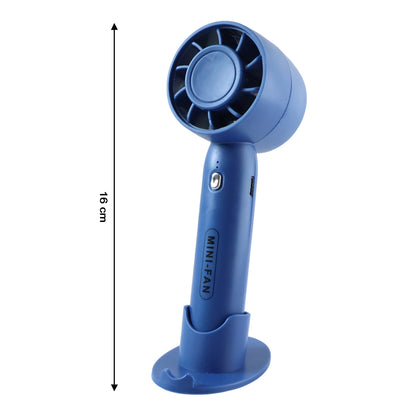 Wukusy rechargeable mini handheld fan with blue casing, compact design, and foldable handle for portable cooling.