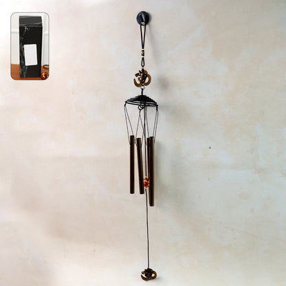 Metal wind chime with Om symbol by Wukusy, featuring hanging metal tubes and decorative Om design for peaceful outdoor decor.