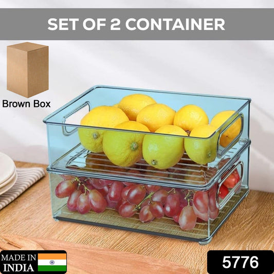 Wukusy 2-pack clear plastic refrigerator organizer bins with handles, ideal for storing food, fruits, vegetables, and pantry items.