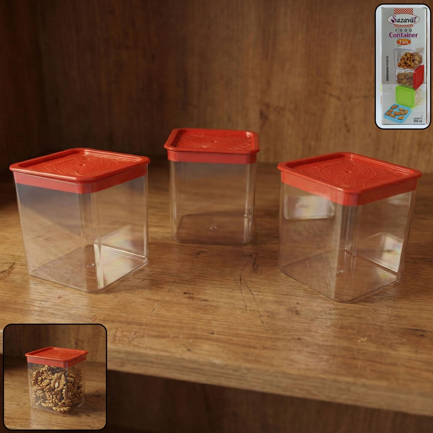 Set of three Wukusy airtight food storage containers in 350ml sizes, with clear lids and stackable design for kitchen organization.