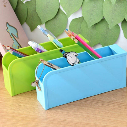 Wukusy 4-compartment pen holder for office desk organization, holding pens, pencils, and small stationery items.