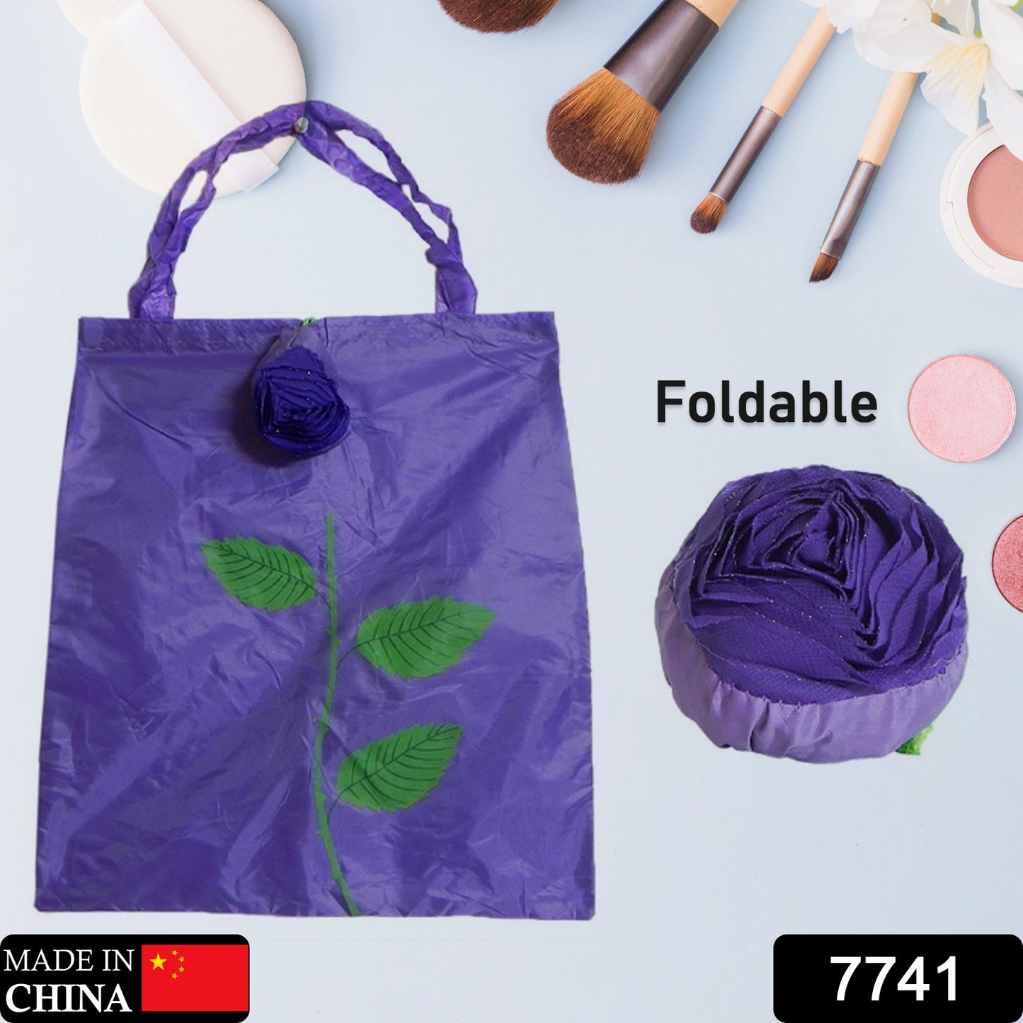 Wukusy foldable nylon bag with cute rose shape cover, reusable large shopping tote, folds into pocket, ideal for groceries and travel.