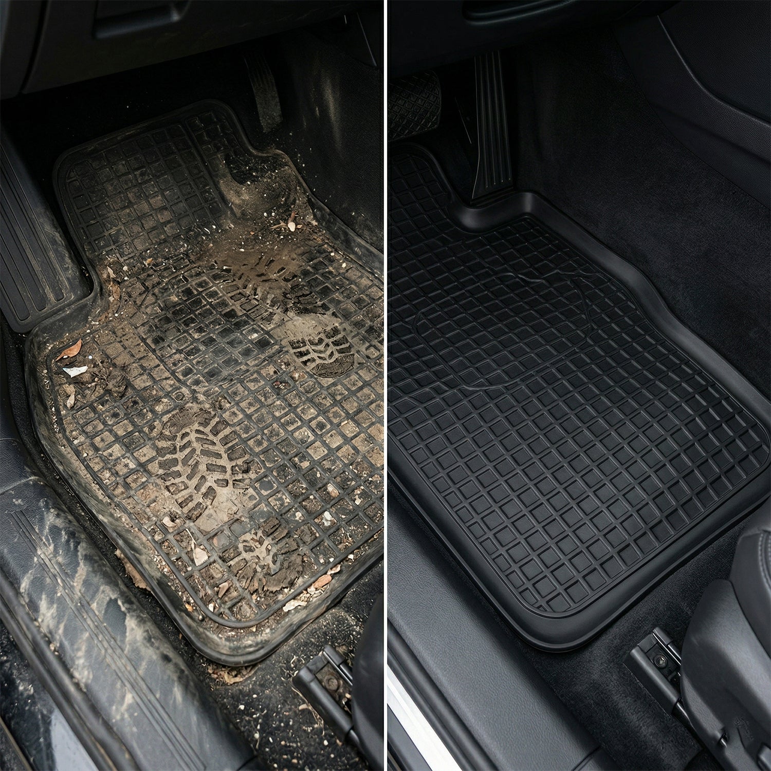 Set of four heavy-duty Wukusy anti-slip rubber car foot mats with textured surface for secure grip inside vehicle.
