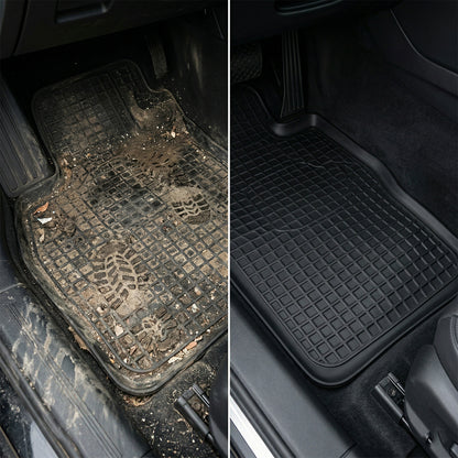 Set of four heavy-duty Wukusy anti-slip rubber car foot mats with textured surface for secure grip inside vehicle.
