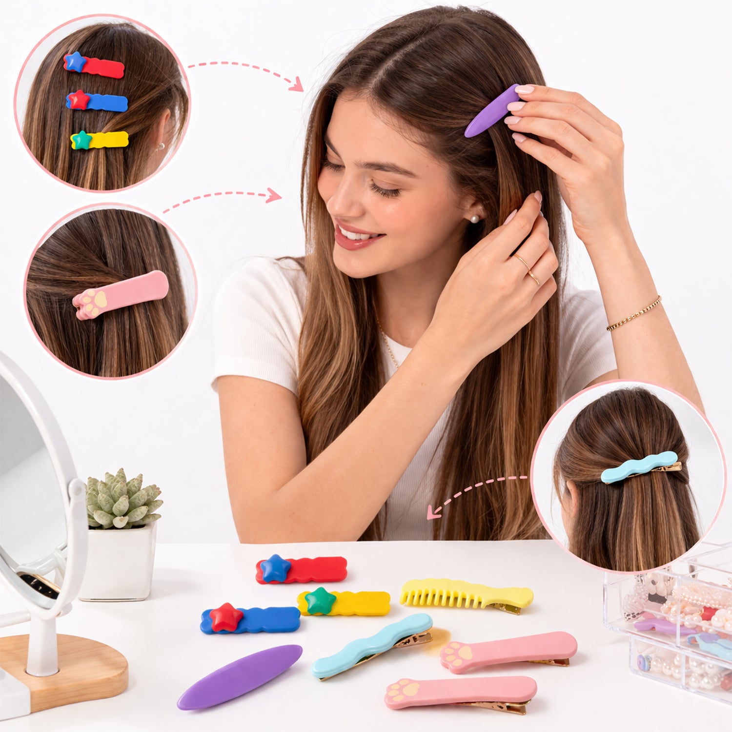 Wukusy cute stylish design hair clips set with mixed patterns, featuring colorful, decorative hair accessories for women and girls.