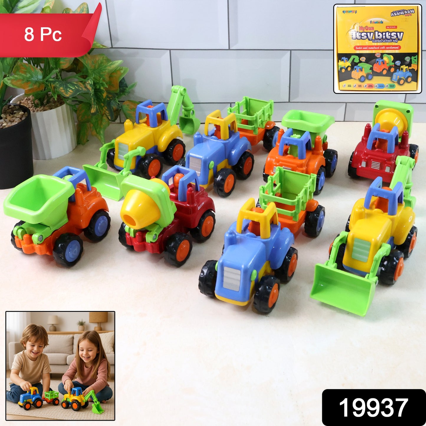 Wukusy Funwoods Itsy Bitsy construction vehicle toy set for kids, includes 8 colorful toy trucks and construction tools.
