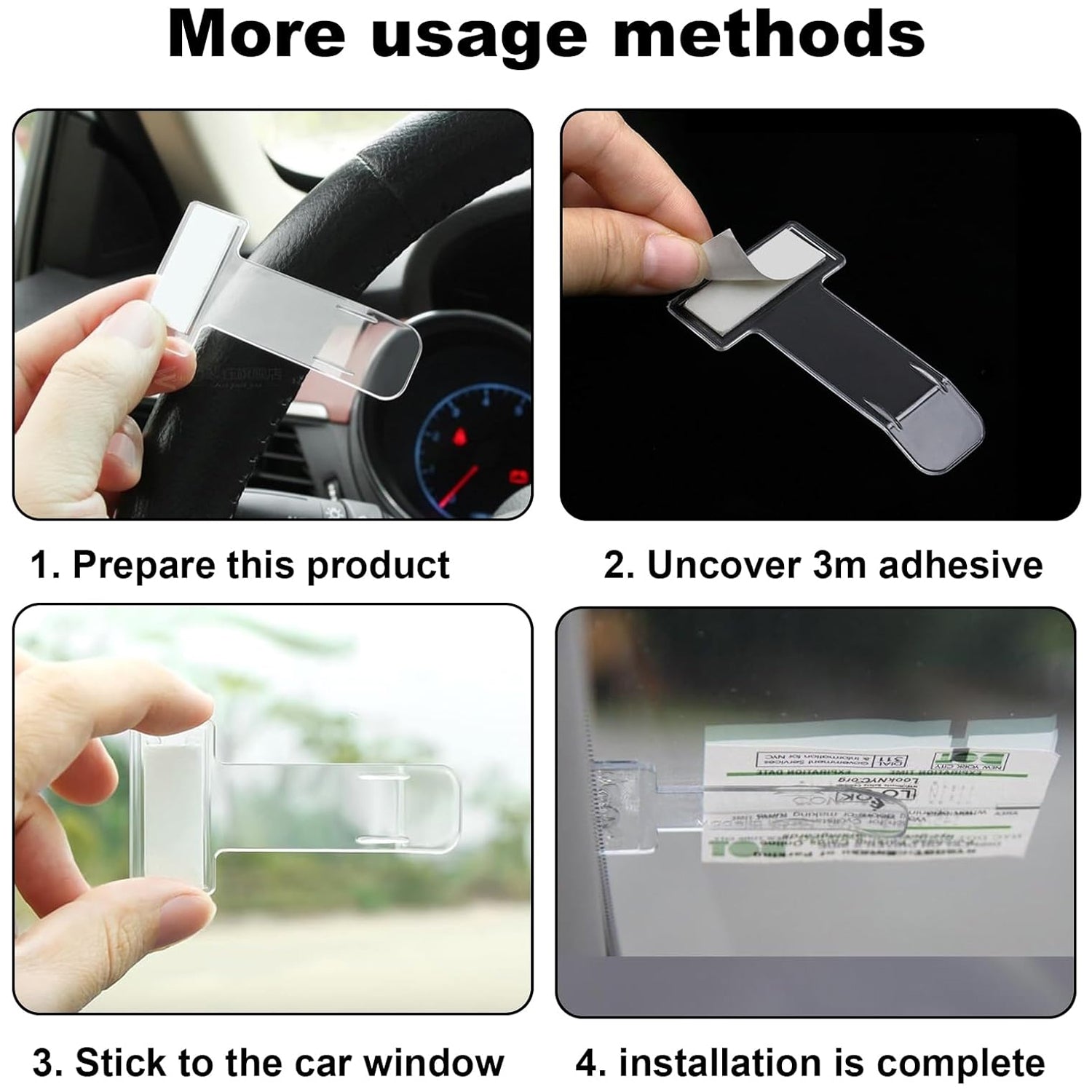 Wukusy transparent windscreen cardholder and Fastag stand for cars, set of two, holding tickets and Fastag on a vehicle dashboard.