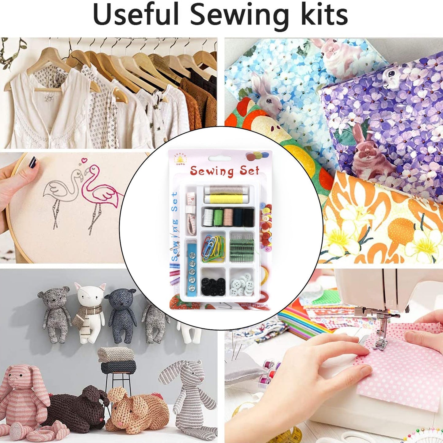 Wukusy 62-piece sewing set with needles, threads, scissors, and accessories for clothes and fabric sewing projects.