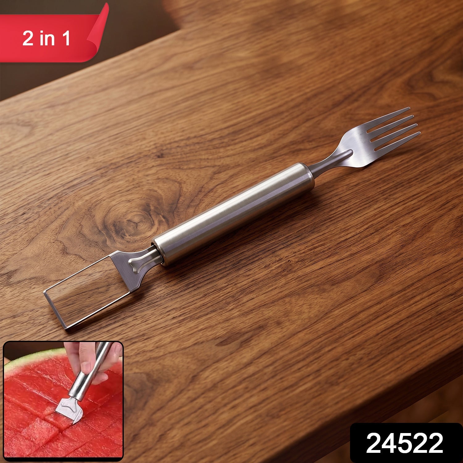 Stainless steel 2-in-1 watermelon slicer and cutter with fork, Wukusy fruit tool, showing the slicer and fork in use.