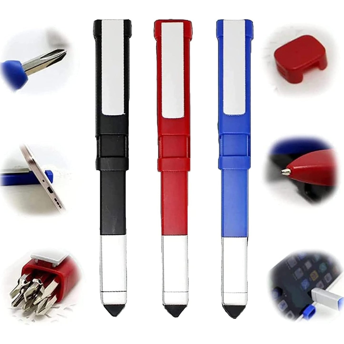 Wukusy 7470 pen-shaped phone holder with screwdriver set, portable 4-in-1 tech tool pen, includes stylus and ballpoint pen.