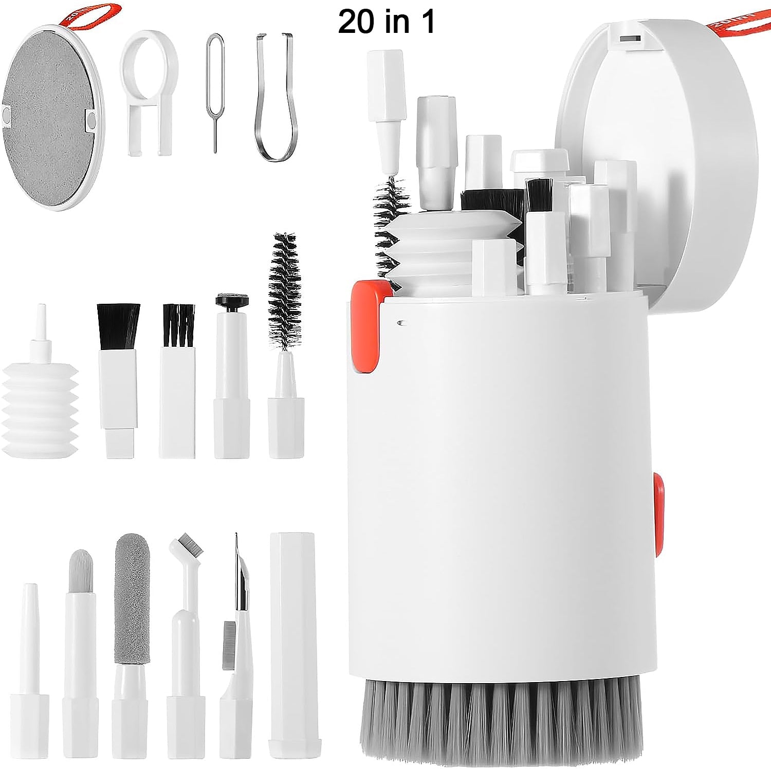 Wukusy 20-in-1 keyboard cleaner kit with electronic brush, spray, and tools for cleaning laptops, phones, and screens.