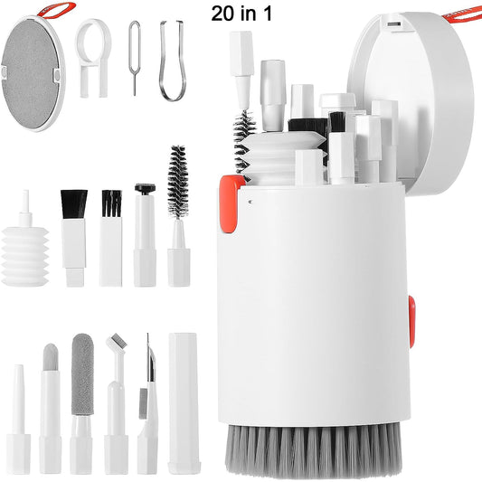 Wukusy 20-in-1 keyboard cleaner kit with electronic brush, spray, and tools for cleaning laptops, phones, and screens.