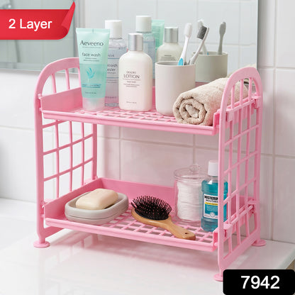 Wukusy 2-layer small plastic storage rack, compact multipurpose organizer shelf for kitchen or home use, lightweight and durable