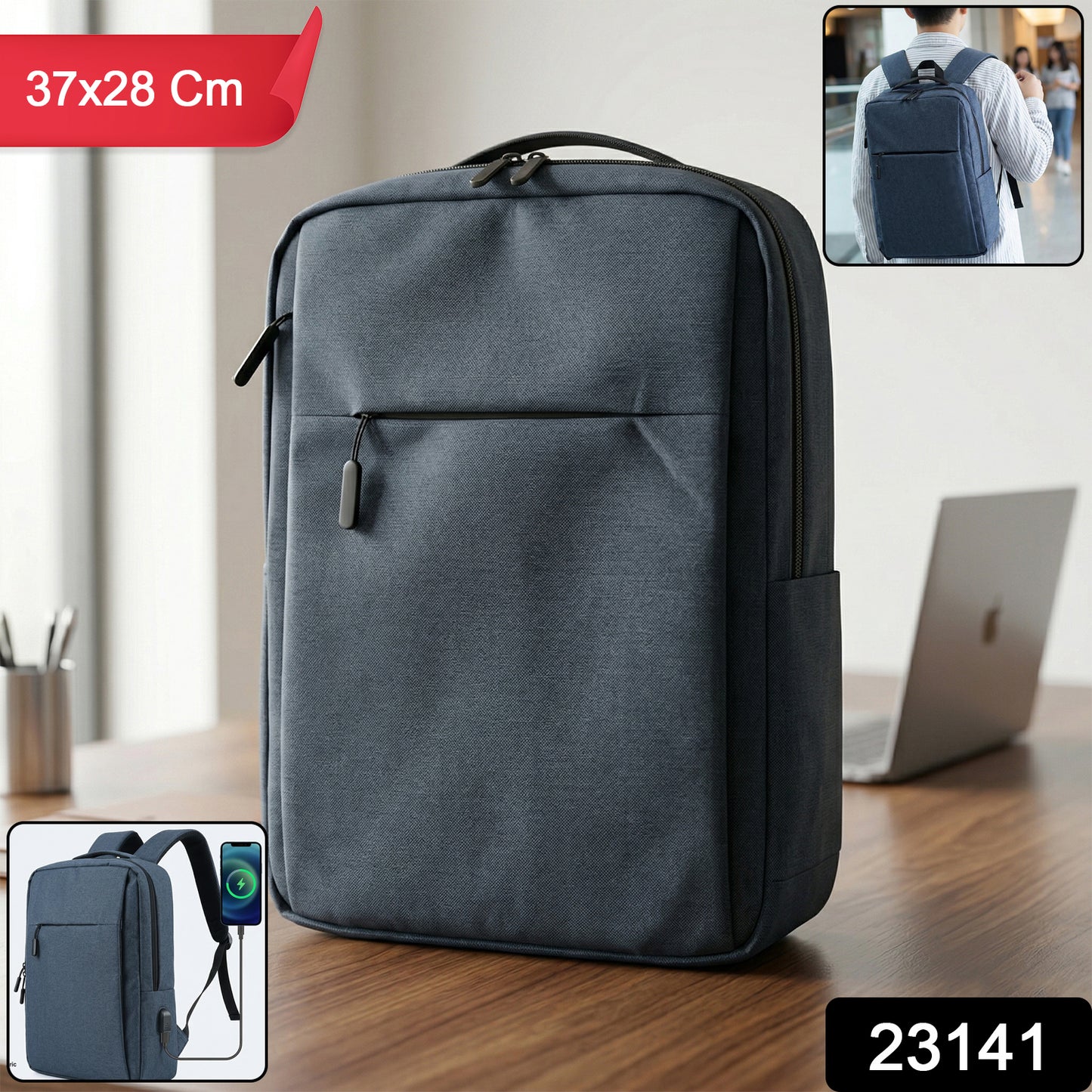 Wukusy multipurpose travel luggage backpack with USB charging port, 37x28 cm, black with multiple compartments and padded straps.
