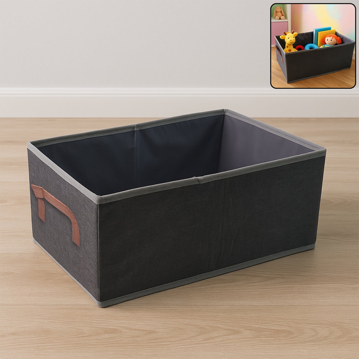 Wukusy foldable rectangular travel storage box with handle, 46x28 cm, shown open with contents inside.