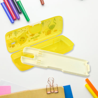 Wukusy plastic pencil box with LED light featuring cartoon print, ideal for office and school supplies storage.