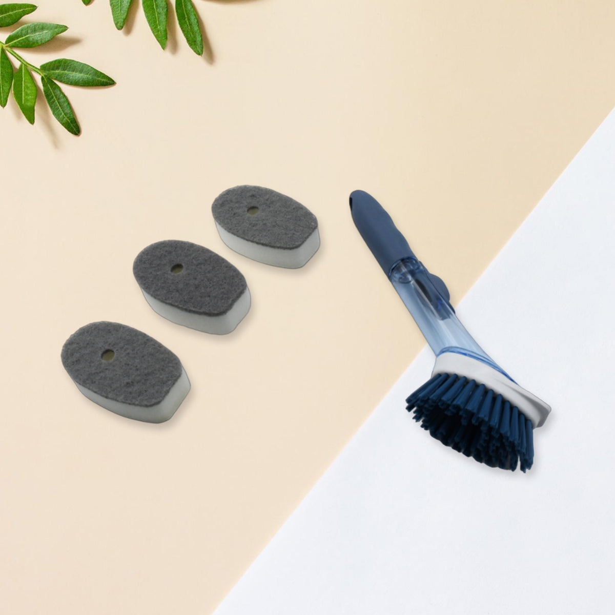 Wukusy 1271c mix color dish scrubber with soap dispenser and replacement heads, kitchen dishwashing brush set with handle.