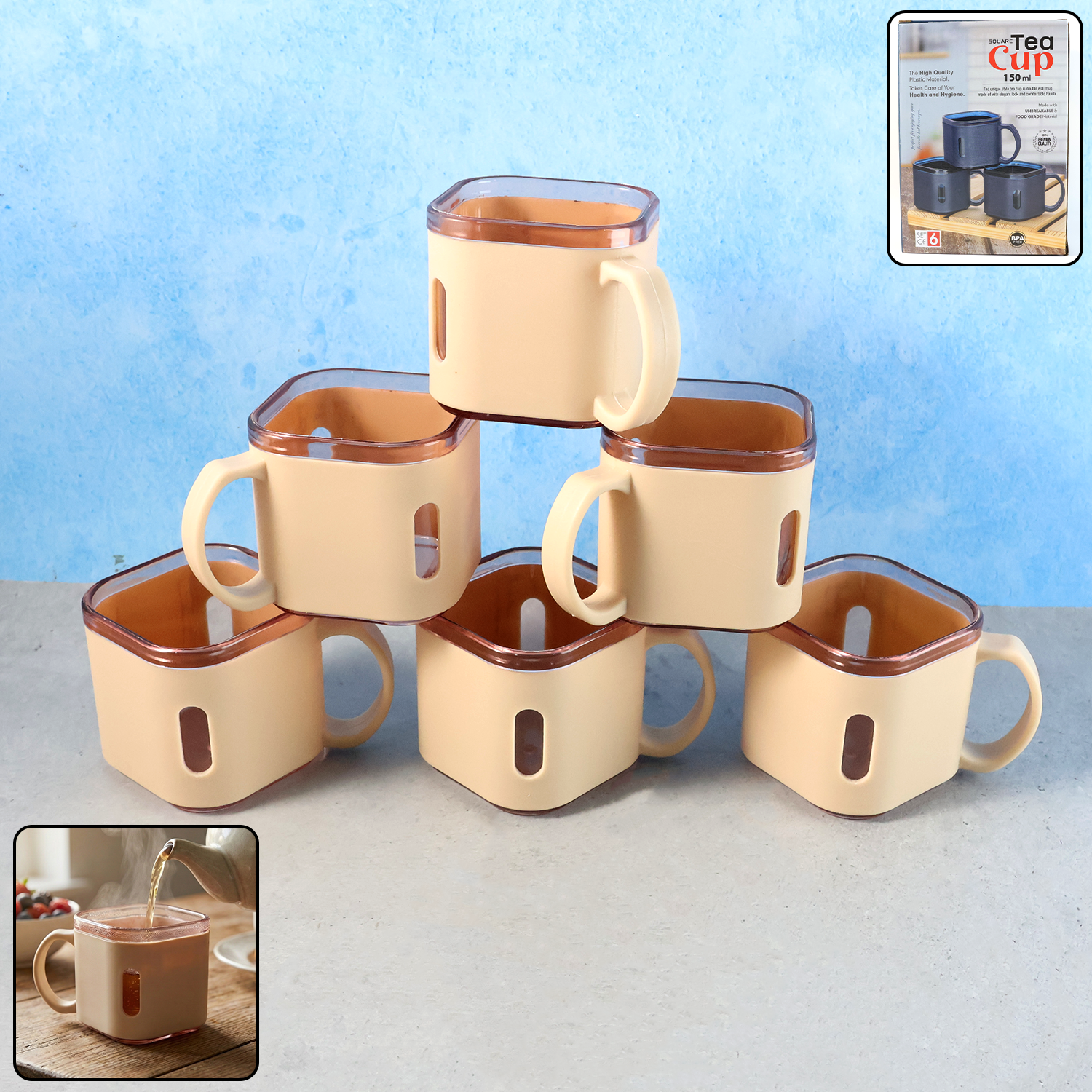 Premium Square Shape Tea Cup Set  6-piece (150 Ml)