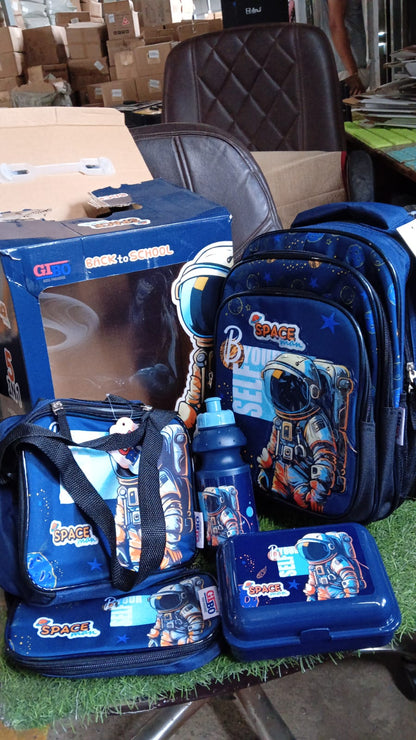 Wukusy 5-in-1 school bag set with 14-inch backpack, lunch bag, water bottle, and pencil case in mixed colors, in box packaging.